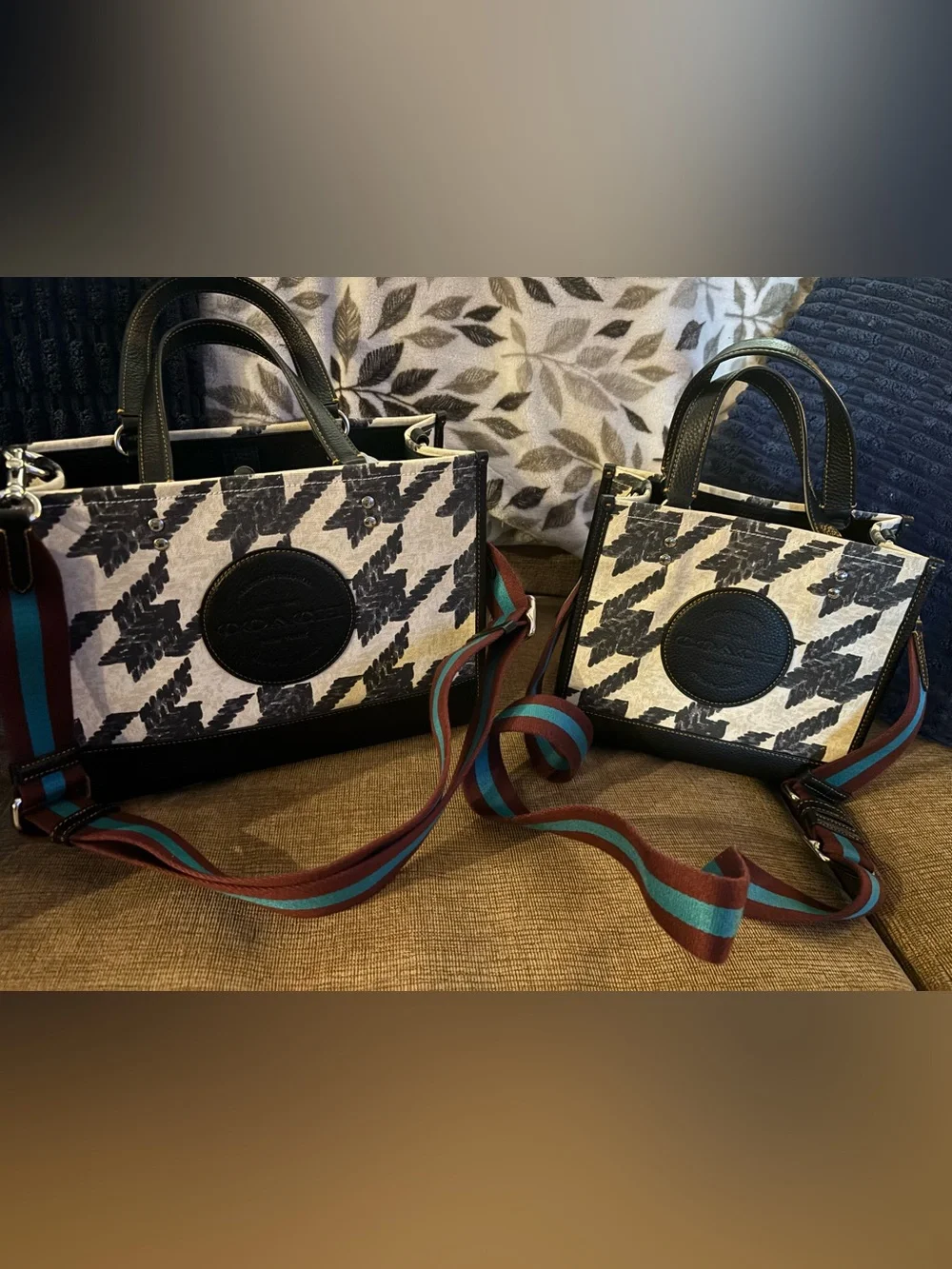 Lot of 2 COACH Black & White Cream Houndstooth Canvas Dempsey Totes with Strap